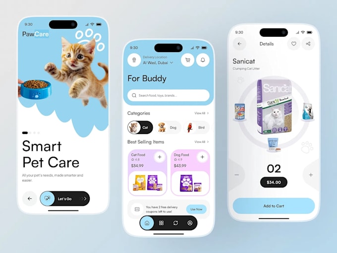 develop a pet care app, pet booking app for grooming and pet services