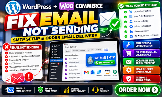 fix wordpress woocommerce email not sending SMTP setup and order email delivery