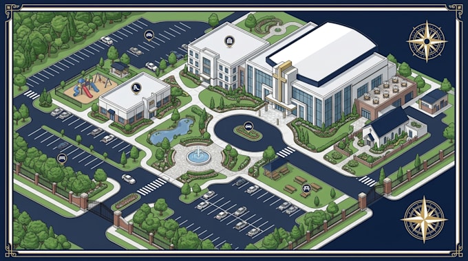 create worship center map , church campus map and religious facility guide map
