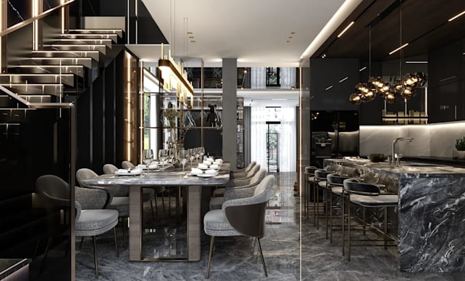 update3d residential villa interior,lshaped sofa,dining set,indoor garden render