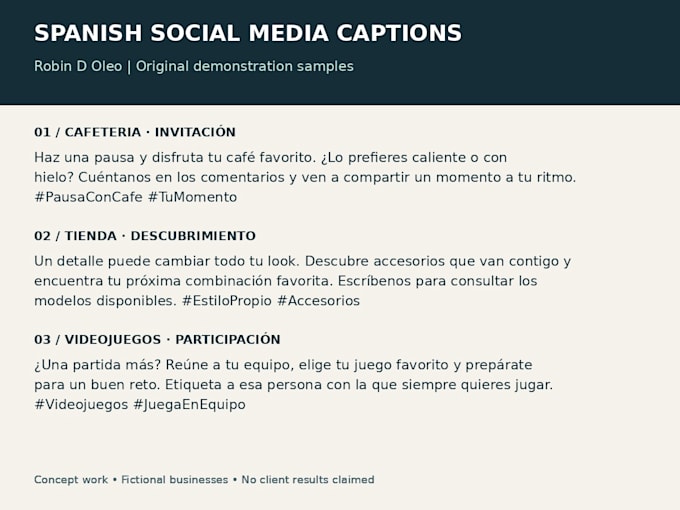 write 3 engaging spanish captions for instagram or facebook