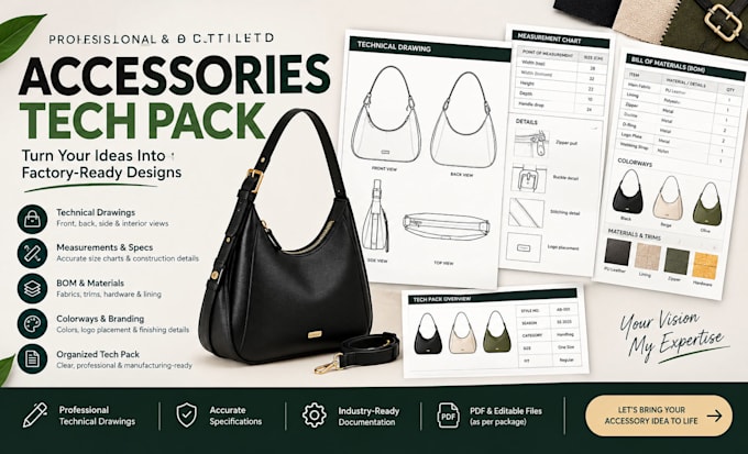 create accessories tech pack, bag tech pack and fashion accessory tech pack