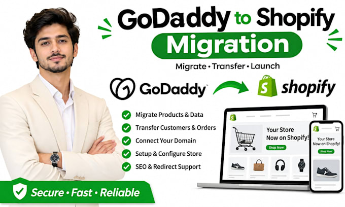 migrate godaddy website or store to shopify with products and data
