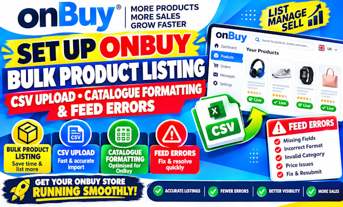 setup onbuy bulk product listing CSV upload catalogue formatting and feed errors