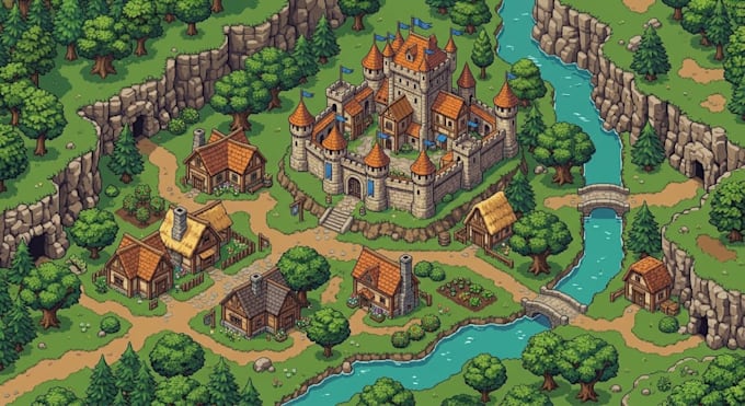 create pixel art game title screen background logo banner and rpg game assets