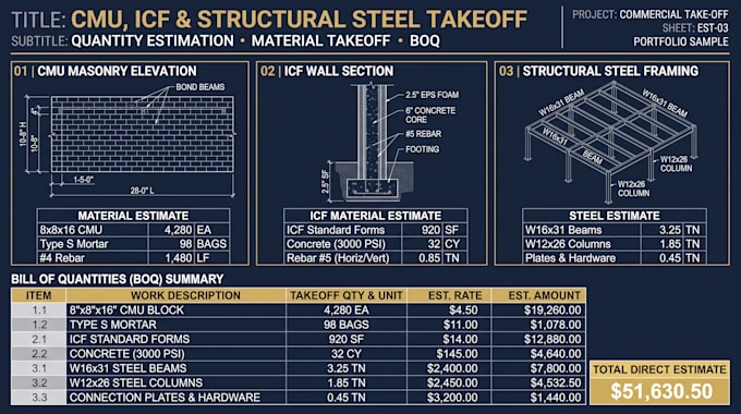 do cmu, icf and steel takeoff for dallas tx project