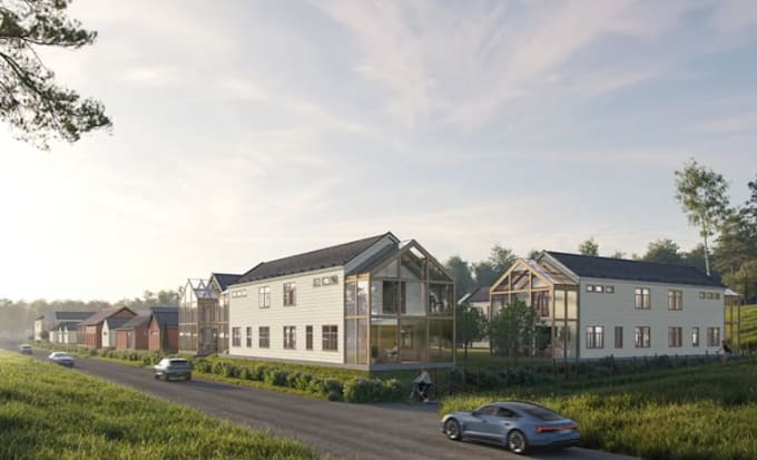 modernize rural settlement homes,cgi neighborhood aerial rendering,3dwalkthrough