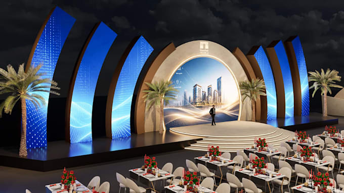 luxury 3d gala stage render, backdrop design,corperate event decor,banquet setup