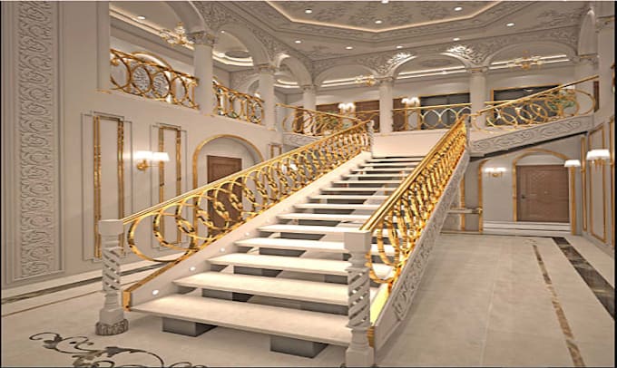 design architectural classic double height stair lobby and 3d staircase render