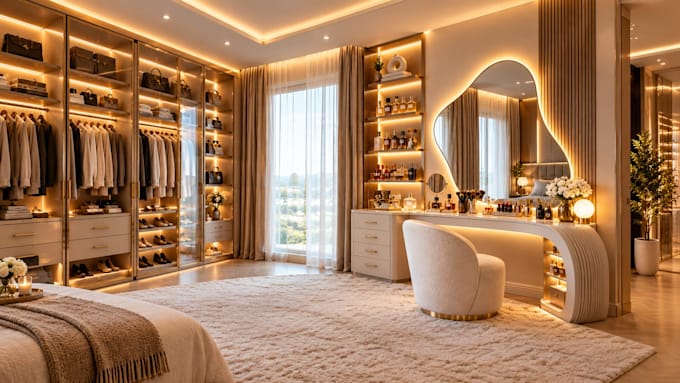 design interior walk in closet wardrobe with dressing room and 3d rendering