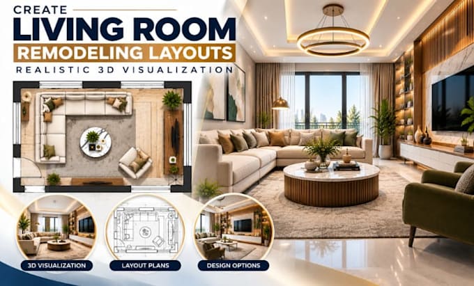 create living room remodeling layouts, realistic 3d visualisation