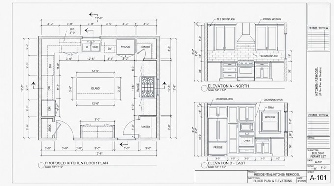 do kitchen remodel drawings,2d floor plans, elevations and building permit sets
