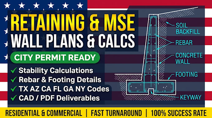 design permit retaining wall structural calculation plan tx, az, ca, fl, ga, ny