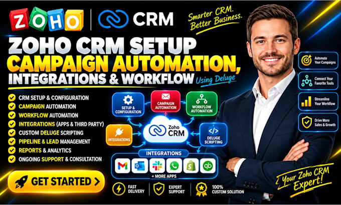 do zoho CRM setup, campaign automation, integrations and workflow using deluge