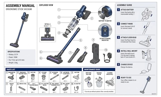 design clear product manual, assembly instruction installation guide user manual