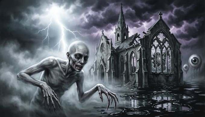 create detailed dark art, gore, creepy horror illustrations