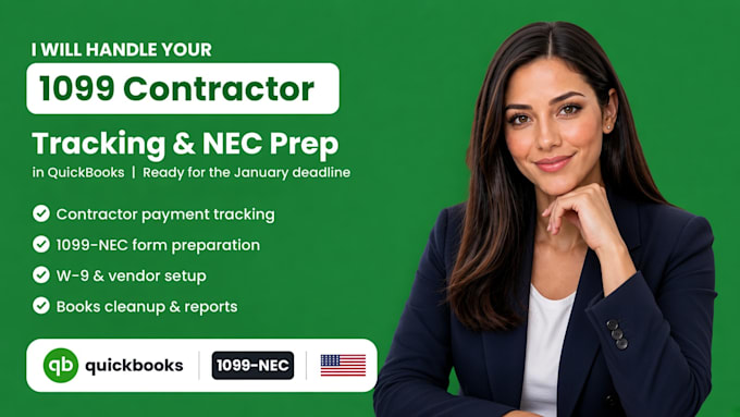 do 1099 contractor tracking, 1099 nec prep, quickbooks bookkeeping USA