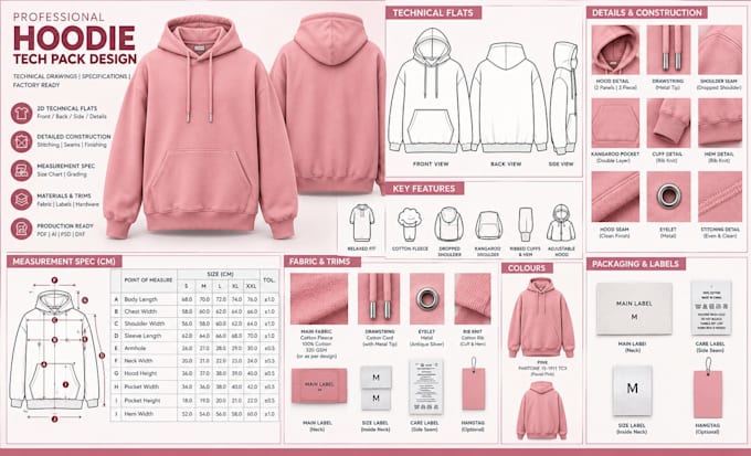 design hoodie tech pack, hoodie design tech pack and technical drawings