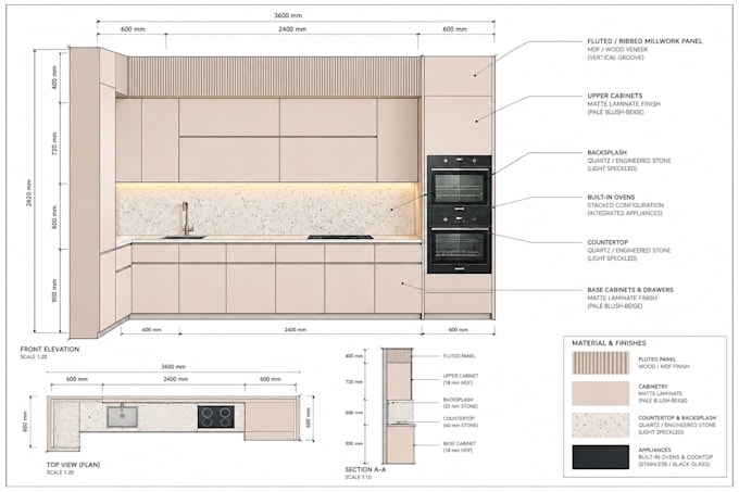 draft millwork, kitchen and custom furniture cad drawings for manufacturing