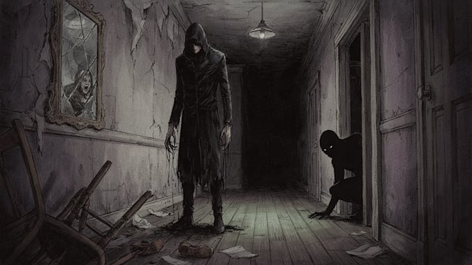 create detailed dark art, gore, creepy horror illustrations
