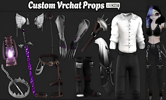custom vrchat outfits clothings, vrchat props, accessories, weapon for avatar