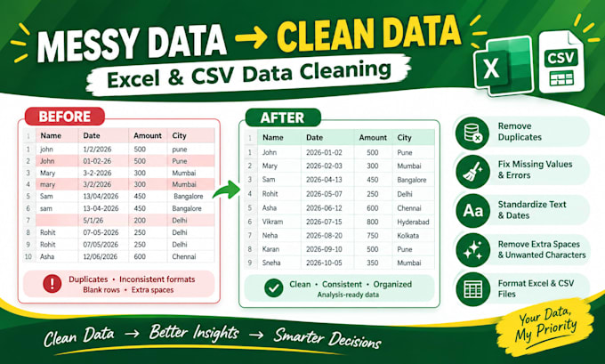 do excel or csv data cleaning and formatting