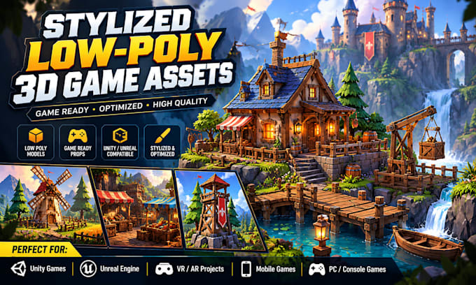 create 3d low poly game assets, props environment for unity and unreal engjne