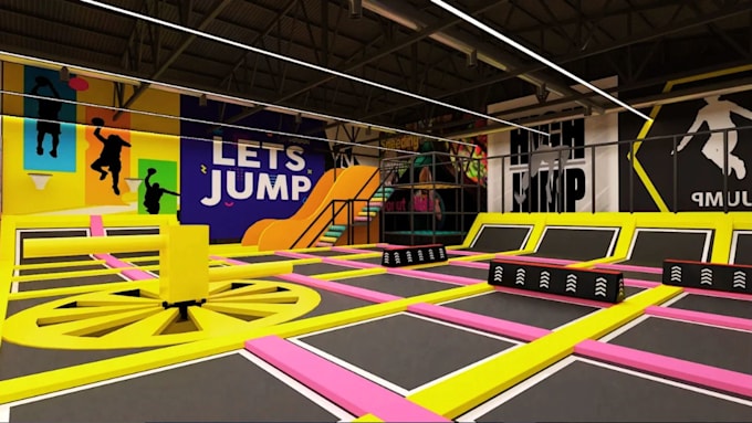 create 3d trampoline park design, indoor playground and fun center