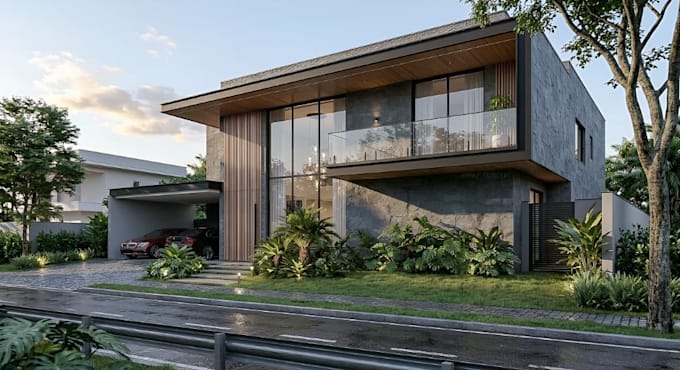 develop 3d rooftop villa, visualize house exterior from elevation drawing, vray