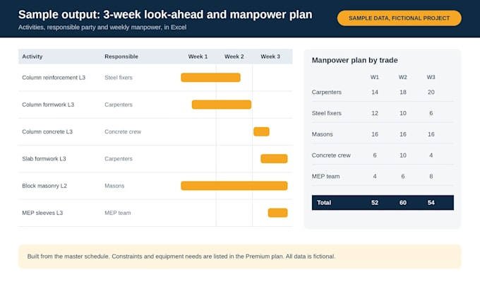 prepare a 3 week look ahead schedule and manpower plan in excel