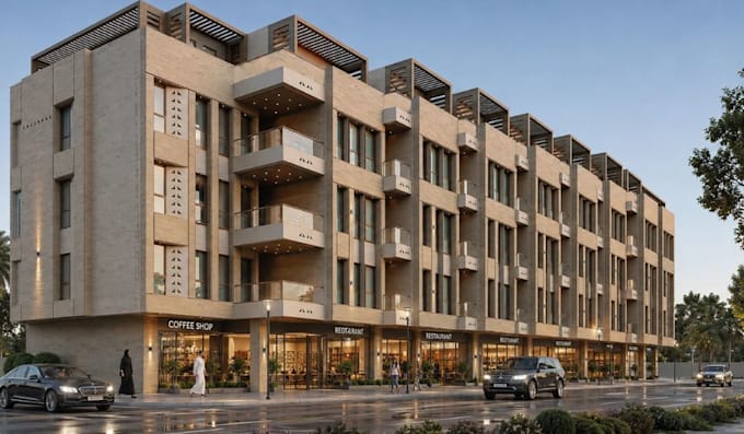 renovate 3d mid rise apartment,multi tenant condo,mixed use building cgi render