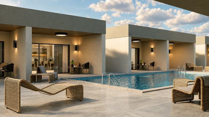 model 3d rooftop housing layout, provide aerial view render for modern row villa