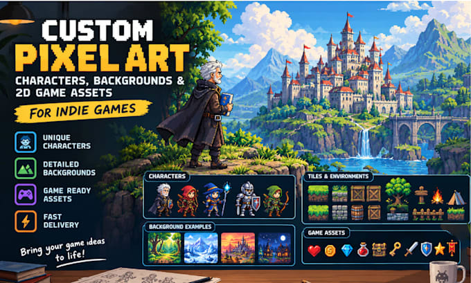 draw custom pixel art characters, backgrounds and 2d game assets for indie games