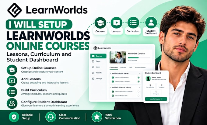 setup learnworlds online courses, lessons, curriculum and student dashboard