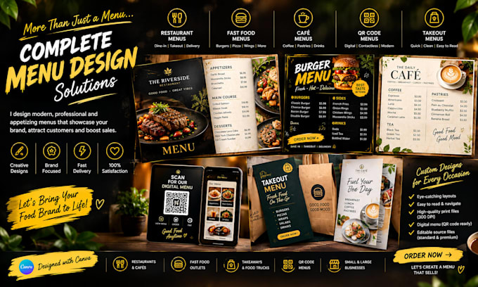 design restaurant fast food menu, cafe qr code takeout digital menu using canva