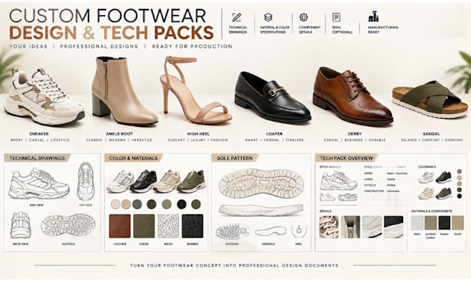 create shoe tech pack footwear cad sneaker design, high heels and sole pattern