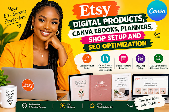 do esty digital products,canva ebooks, planners, shop setup ans seo optimization