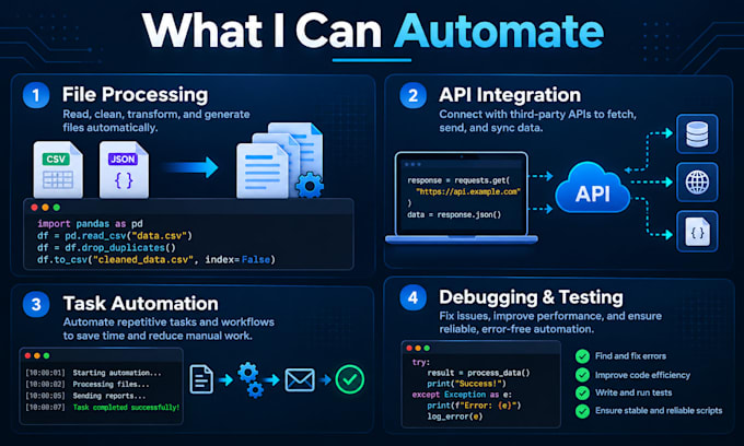 write python automation scripts for data processing and apis