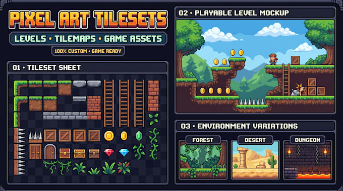 design 2d platformer game levels pixel art tilesets tilemaps and game world maps