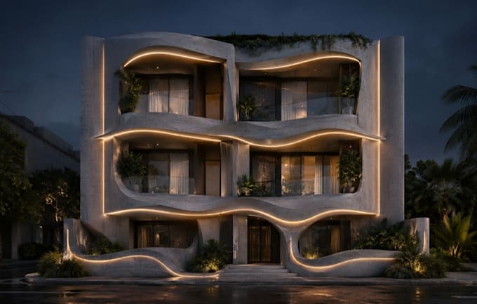 design building facade with fantastic 3d rendering