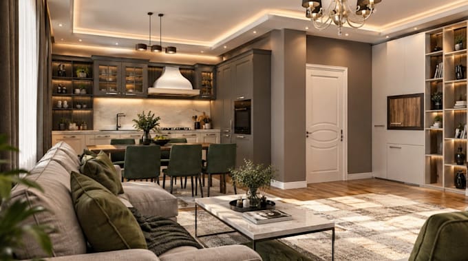 cater modular kitchen,living room render,3dvisual for marketing, interior design