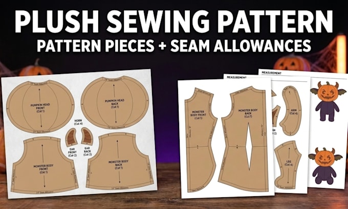 design a halloween plush toy with sewing pattern and tech pack