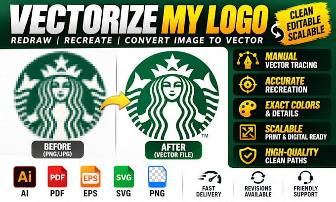 vectorize your logo, redraw, recreate and convert image to vector