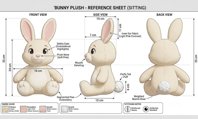 design a custom plush toy reference sheet tech pack sewing pattern
