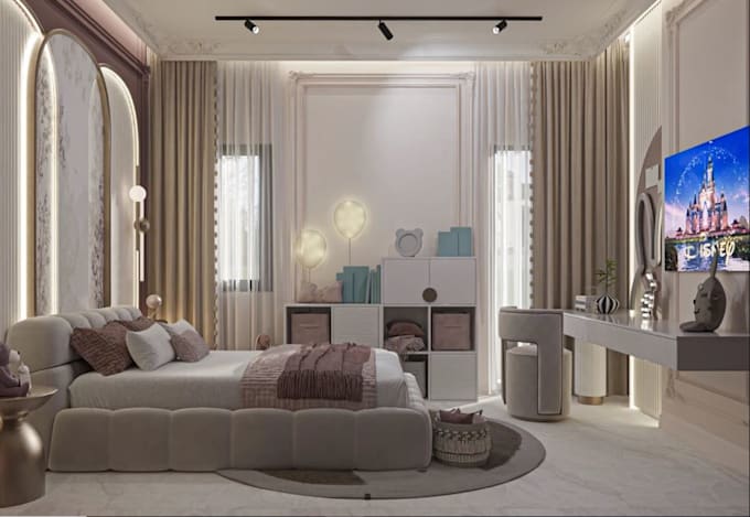 redesign luxury custom girls bedroom layout, elegant nursery interior rendering