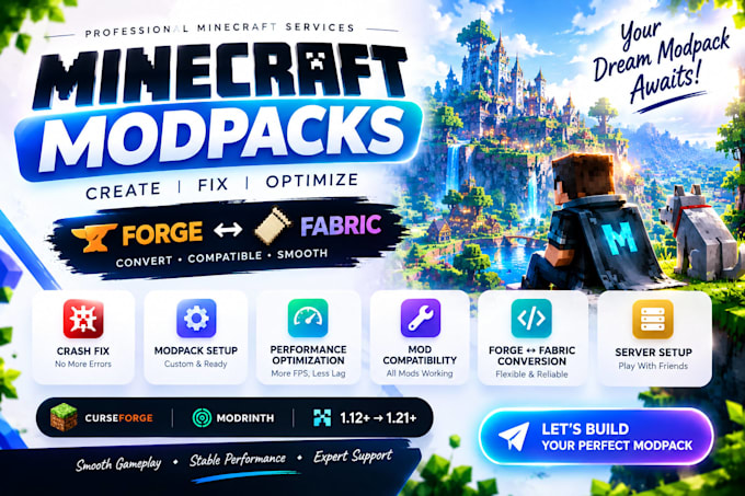create, fix and optimize modpack minecraft, sever setup, paper, fabric to forge