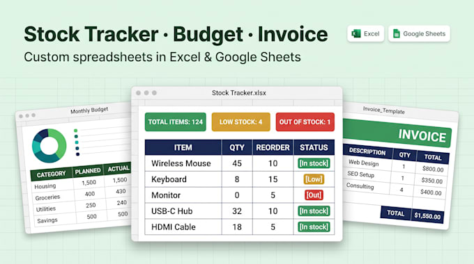 design excel google sheets, stock tracker spreadheet, budget invoice spreadsheet