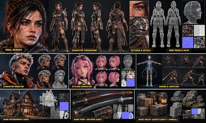 create 3d game character modeling, rigging and animation