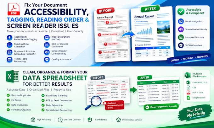 fix PDF accessibility, tagging, order, reading and screen reader issues