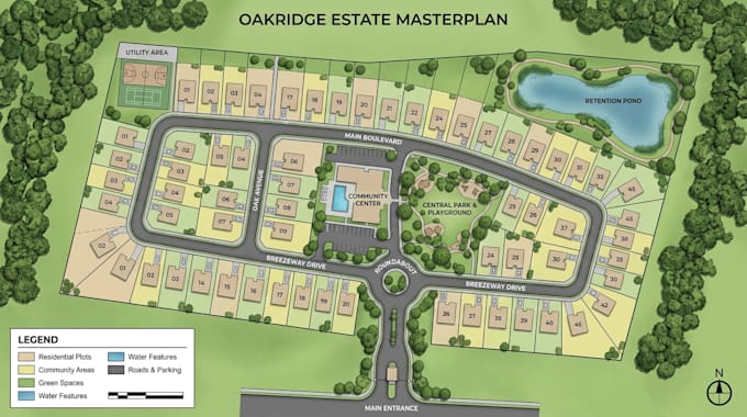 design estate masterplans, plot numbering, access roads and property layout maps